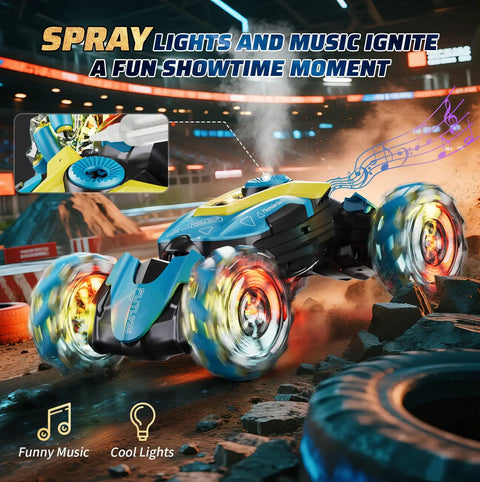 Blue and yellow Rad Gesture Sensing Remote Control Stunt Car For All Terrains 4WD Hand Controlled RC Toy with spinning LED wheels