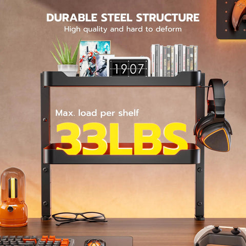 2 Tier Clamp On Desk Shelf 16 Inch Wide Adjustable Above Or Under Desk Storage Holds 66 Lbs Heavy Duty Desktop Organizer with headphones
