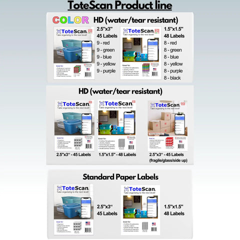 Smart QR Label Set for Go-To Organization Moving and Storage 45 Unique 2.5 by 3 Inch Paper Labels Peel and Stick Perfect for Cardboard Boxes and Tote Bins Scan to Track Your Stuff Fast product line overview with size and color options displayed on packaging.