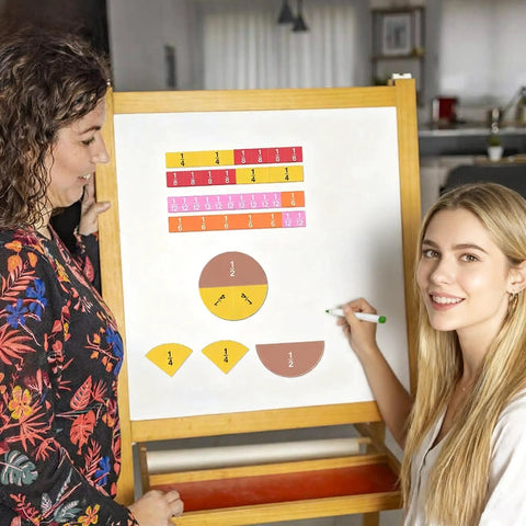 Two women using Magnetic Fraction Tiles And Circles Set For Preschool And Elementary Math 102 Piece Magnetic Fraction Manipulatives