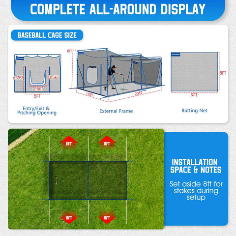 Diagram of 20x10x8 Ft Baseball Softball Cage With Hitting Net Dual Sided 7 Ply Netting For Solo or Team Practice installation.