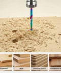 10 Pcs O Flute CNC Router Bit Set With 1/8 Inch Shank used on wood surface with shavings and material examples below
