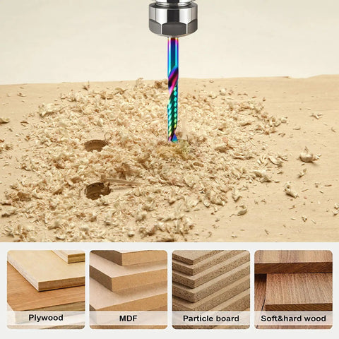 10 Pcs O Flute CNC Router Bit Set With 1/8 Inch Shank used on wood surface with shavings and material examples below