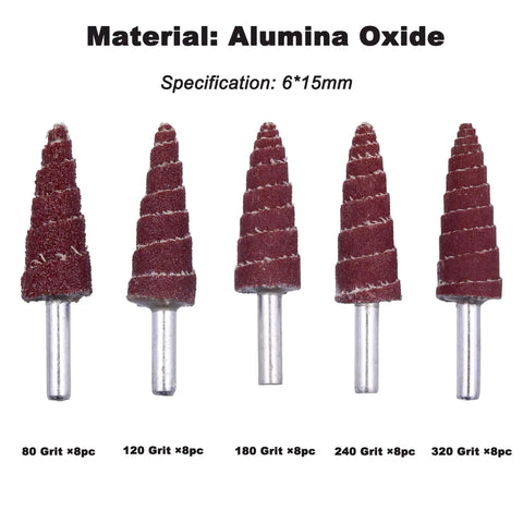 Cone Shape Flap Wheels Set 40 Pieces One Quarter Inch Shank Aluminum Oxide Grit 80, 120, 180, 240, 320 for rust removal