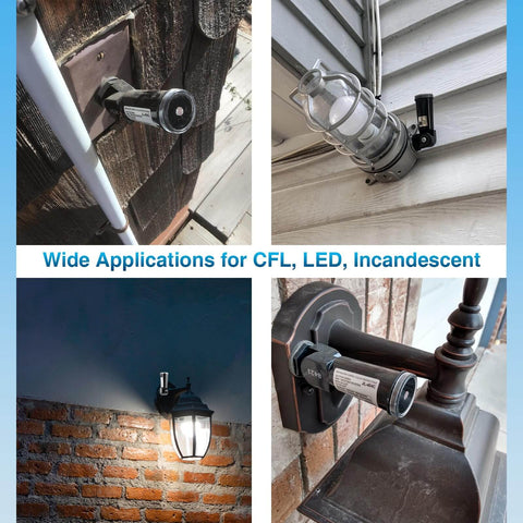 Smart Dusk To Dawn Photocell Sensor For Outdoor Lights Auto On Off IP65 Waterproof shown installed in various outdoor locations