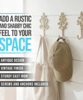 Distressed White Cast Iron Wall Hooks Set Of Three Dang Sturdy Farmhouse Coat Rack Hardware with vintage design, holding a cap.