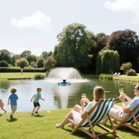 Beast Floating Pond Fountain Aerator 1HP 110V Pump in action, spraying water in a large pond while people relax nearby