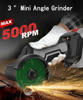 3 Inch Cordless Brushless Angle Grinder With LED Light Mini Variable Speed Grinder 15000 RPM Dual 20V 2.0Ah Batteries Included 7 Piece Cutting Discs For Cutting Grinding Polishing, shown in use on metal surface with sparks