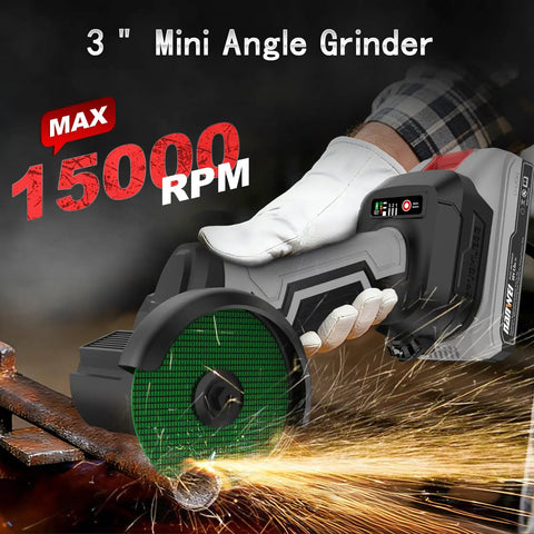 3 Inch Cordless Brushless Angle Grinder With LED Light Mini Variable Speed Grinder 15000 RPM Dual 20V 2.0Ah Batteries Included 7 Piece Cutting Discs For Cutting Grinding Polishing, shown in use on metal surface with sparks