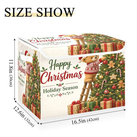 Foldable Storage Bin With Lid Handles Clutter Slayer Game Changer For Bedroom Organization Heavy Duty 300D Oxford Fabric Collapsible Basket Space Saver Keeps Dust Out Easy Peasy Folding Sturdy Frame in Christmas design, 16.5x12.6x11.8 inches.