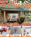 Built Tough 10 Gallon Metal Automatic Chicken Feeder With Eight Wide Ports And A Clear Acrylic Sight Window exterior view with chickens.