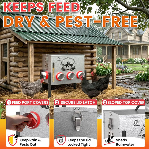 Built Tough 10 Gallon Metal Automatic Chicken Feeder With Eight Wide Ports And A Clear Acrylic Sight Window exterior view with chickens.