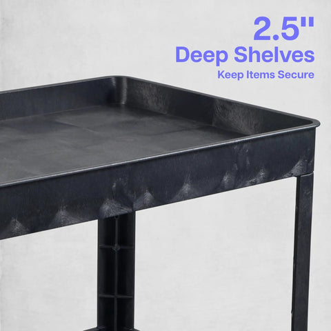 Close-up of the Extra Large Two Shelf Utility Cart With Heavy Duty Wheels 500 Pounds Capacity Rolling Tool Cart For Warehouses Industrial Settings Auto Garages And More Black 45.5 X 24.5 Inches showing 2.5-inch deep shelves.