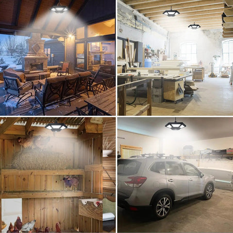 Solar Pendant Light illuminating indoor patio, workshop, barn, and garage environments, showing versatility and motion sensor use.