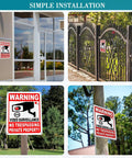 Private Property No Trespassing Sign Bundle Of Rustproof Aluminum With Reflective Film For Night Visibility 24 Hour Video Surveillance Signs Ten By Seven Inch Security Signs For Homes And Businesses 4 Pack, displayed on gate, fence, pole, and wall.