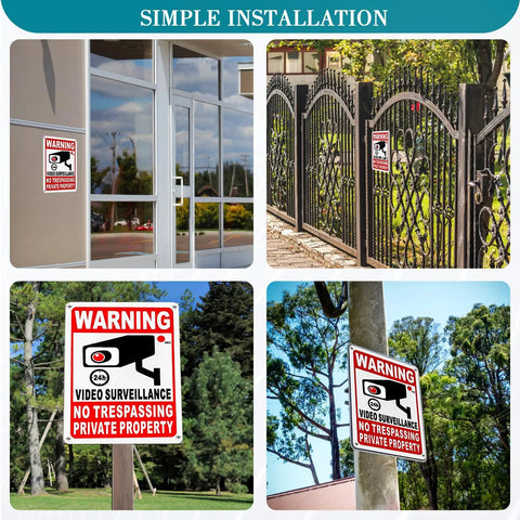 Private Property No Trespassing Sign Bundle Of Rustproof Aluminum With Reflective Film For Night Visibility 24 Hour Video Surveillance Signs Ten By Seven Inch Security Signs For Homes And Businesses 4 Pack, displayed on gate, fence, pole, and wall.