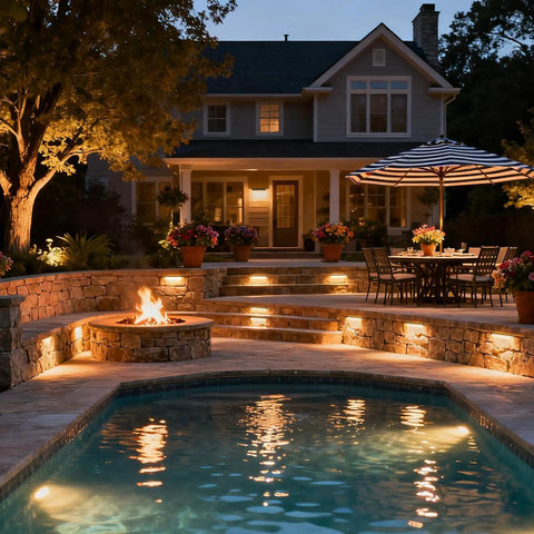 All In One Outdoor Retaining Wall Lights Kit With Transformer 2700K Warm White Hardscape Landscape Lighting IP68 seen in backyard patio