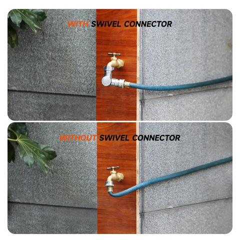 High Flow Brass Swivel Hose Connector 180 Degree and 360 Degree Adjustable Elbow for Garden Hose Three Quarter Inch GHT Fitting with hose on outdoor spigot