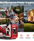 2400 Watt Portable Inverter Generator With Smart App Control Ultra Quiet Engine And Reliable Clean Power Ready To Roll For Campground Days And Home Power Backup on a table near people enjoying camping and BBQ.