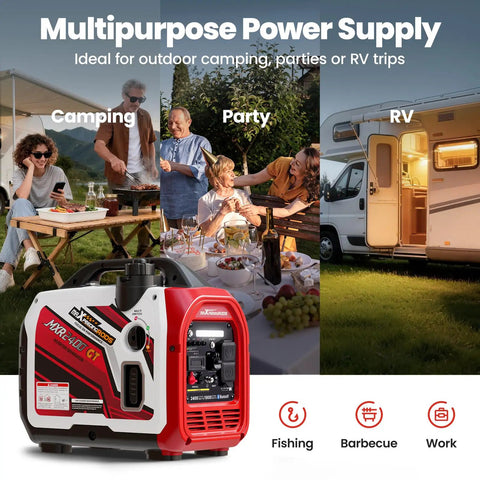 2400 Watt Portable Inverter Generator With Smart App Control Ultra Quiet Engine And Reliable Clean Power Ready To Roll For Campground Days And Home Power Backup on a table near people enjoying camping and BBQ.