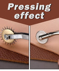 Two Size Tracing Wheel Set With Wooden Handle Stainless Steel Pounce Wheel showing pressing effect on leather