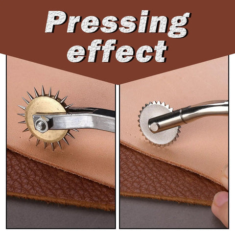 Two Size Tracing Wheel Set With Wooden Handle Stainless Steel Pounce Wheel showing pressing effect on leather