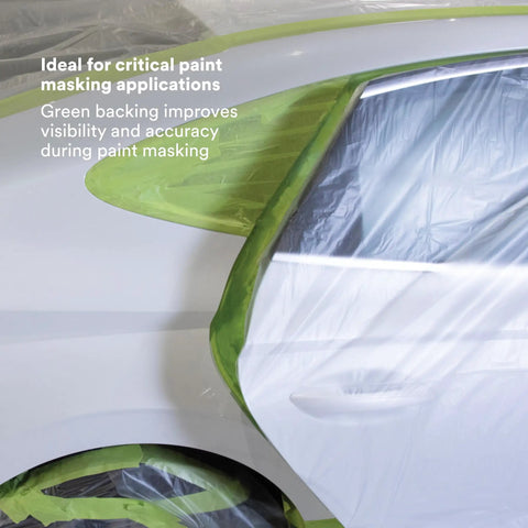 Pro Grade High-Performance Green Masking Tape 401 Plus applied on car for paint masking, showing adhesion and paint bleed resistance