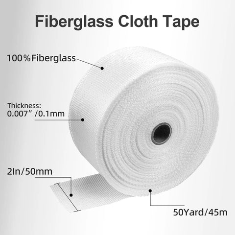 Workhorse Fiberglass Cloth Tape 2 Inch Wide By 50 Yards, 6 Oz, shown as a woven glass tape roll with dimensions.