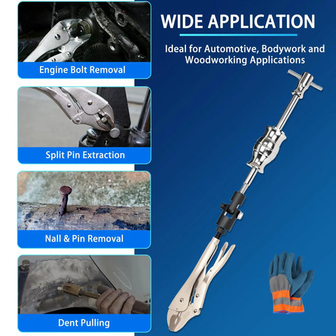 Heavy Duty Locking Pliers And Vise Grip Slide Hammer Puller Set For Fastener Removal And Body Work 9.8 Inch Pliers And 2 Pound Hammer With Quick Release Swivel Connector Gearoll next to application examples like engine bolt removal, split pin extraction, nail and pin removal, dent pulling.