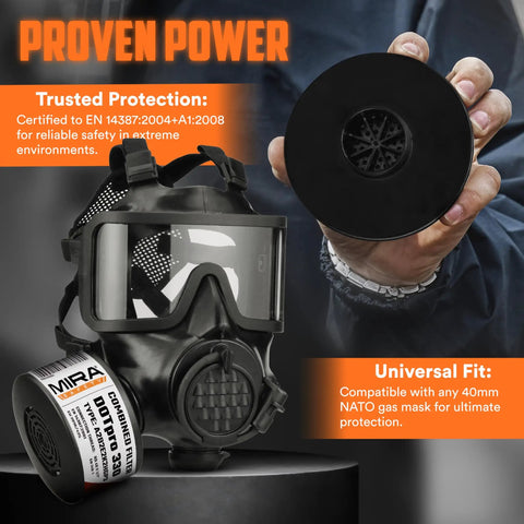 DotPro 330 Industrial Filter with 40mm NATO Respirator, proven power and EN 14387 certification, displayed by gloved hand.