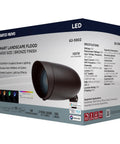 Premium 9 Watt Smart Led Landscape Floodlight 12 Pack Delivering Dang Bright 800 Lumens with bronze finish packaging and specifications.