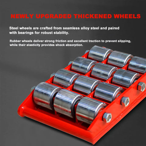 Tough As Nails Heavy Duty Machinery Mover Dolly Featuring 360 Degree Rotating Steel Casters For Moving Industrial Equipment Weighing Up To 12000 Pounds Like A Champ, showcasing thickened steel wheels.