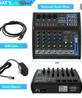 Six Channel Bluetooth DJ Audio Mixer With USB Input And Built In MP3 Player 48V Phantom Power 3 Band EQ 16 Bit DSP FX USB Flash Drive Compatible Studio Ready Sound Board PMXU63BT with USB cable and power adapter