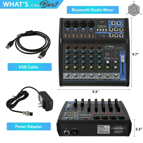 Six Channel Bluetooth DJ Audio Mixer With USB Input And Built In MP3 Player 48V Phantom Power 3 Band EQ 16 Bit DSP FX USB Flash Drive Compatible Studio Ready Sound Board PMXU63BT with USB cable and power adapter