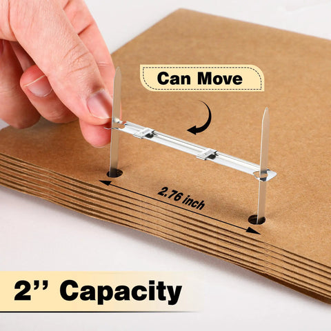Heavy Duty Two Hole Punch Workhorse with 50 Prong Fasteners in use with file folders showing metal prongs and 2 inch capacity.