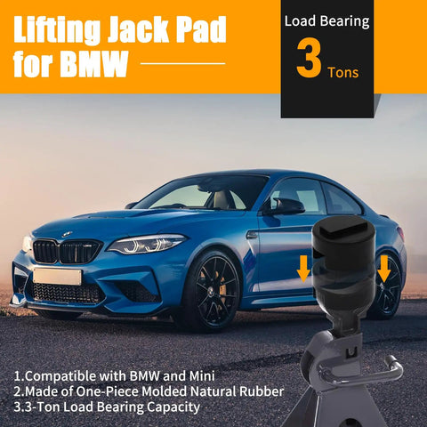 Image of a heavy duty floor jack rubber pad for BMW and Mini, installed on a jack, with a blue BMW in the background.