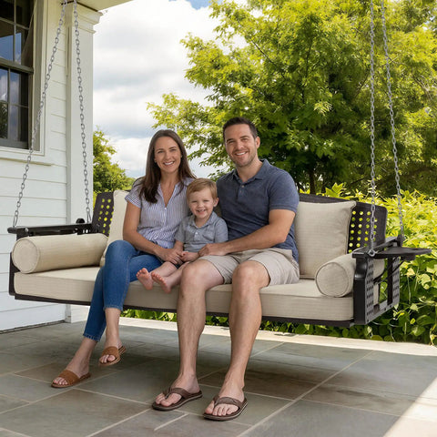 Family sitting on Three Seat Hanging Porch Swing With Cup Holders And Three Back Cushions, Extra Wide 60 Inch Swing Chair for the backyard