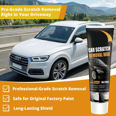 Scratch Repair Wax And Swirl Remover For Vehicles, Ultimate Paint Restore Kit displayed next to a white car on a road