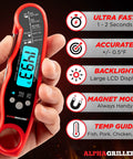 Red digital meat thermometer instant read for cooking and grilling with ultra fast one to two second read pre calibrated probe in hand.