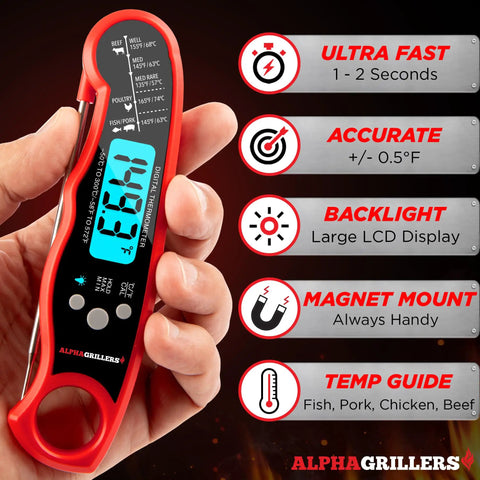 Red digital meat thermometer instant read for cooking and grilling with ultra fast one to two second read pre calibrated probe in hand.