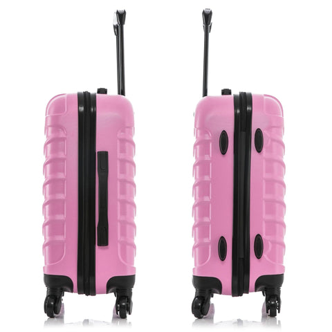Durable pink carry-on luggage with spinner wheels and trolley handle, 20-inch lightweight hardside suitcase for easy travel.