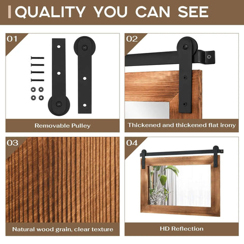 Farmhouse Barn Door Mirror With Rustic Wood Frame 41 By 26 Inches detail showing hardware and wood grain texture