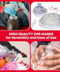 Adult and Infant CPR Mask Combo Kit with 2 masks and one-way valves; includes gloves and alcohol prep pads.