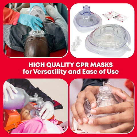 Adult and Infant CPR Mask Combo Kit with 2 masks and one-way valves; includes gloves and alcohol prep pads.