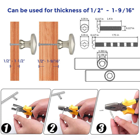 Brushed Nickel Round Cabinet Knobs Featuring Solid Zinc Construction And Easy Grip Design, 15 Pack installation guide with measurements.