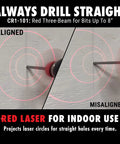 Magnetic Red Laser Drill Guide Delivering Straight As An Arrow Holes shown aligning drill with red laser circles on wall.
