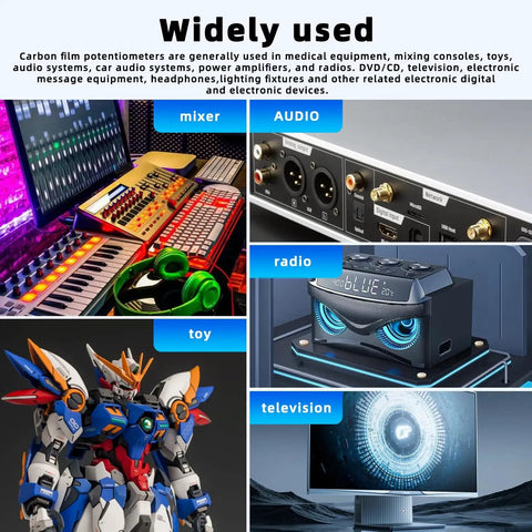 Image showing various electronic devices including mixers, audio equipment, radios, toys, and televisions, highlighting uses for potentiometers.