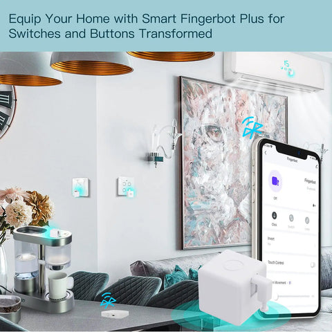 Living room with 2nd Gen Smart Bluetooth Fingerbot Plus Wireless Light Switch Button Pusher, phone showing Tuya app control interface.