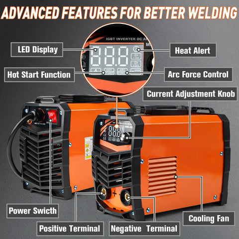 Dual Voltage Arc Welder For 110V Or 220V, 250 Amp Portable IGBT Inverter Welder with LED display and function labels visible