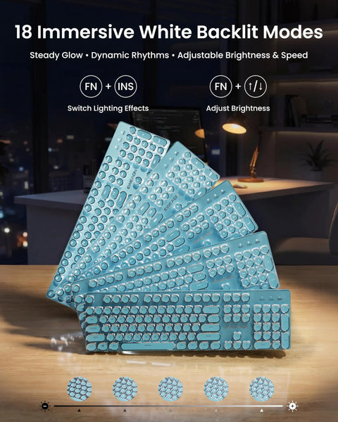 Top Shelf Retro Typewriter Mechanical Keyboard With Hella Crisp Blue Switches And Long Lasting Rechargeable Battery For Slick Triple Mode Gaming Setup Compatible On Windows Mac Pc Devices featuring 18 backlit modes.